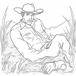 Create a line art image of a cowboy laying flat on his back on the grass, chewing a stick