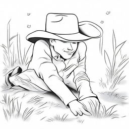 Create a line art image of a cowboy laying flat on his back on the grass, chewing a stick