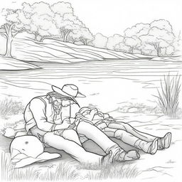 Create a line art image of a cowboy laying flat on his back on the grass next to a river, with his cowboy son