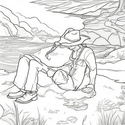 Create a line art image of a cowboy laying flat on his back on the grass next to a river, with his cowboy son