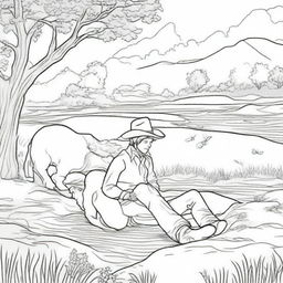 Create a line art image of a cowboy laying flat on his back on the grass next to a river, with his cowboy son