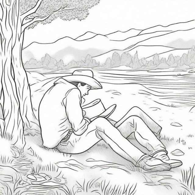 Create a line art image of a cowboy laying flat on his back on the grass next to a river, with his cowboy son