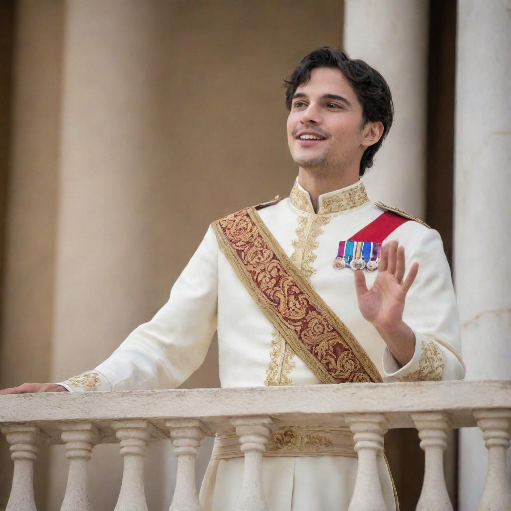 A young, handsome king with fair skin, short black hair, and brown eyes, giving an inspiring speech on the balcony of his magnificent palace to his enthusiastic and loyal subjects below, celebrating his recent crowning.