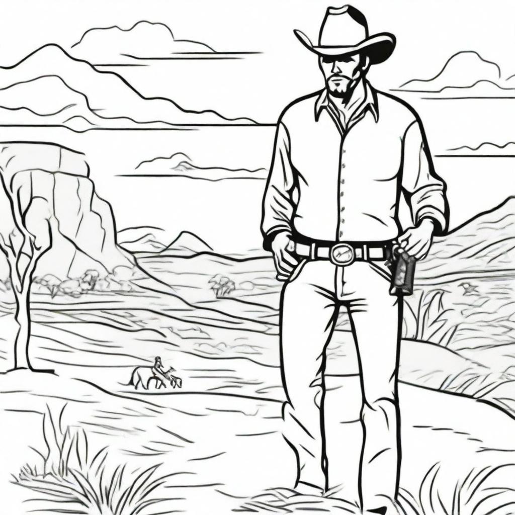 Generate a black and white line art image of a cowboy standing with open arms, waiting to catch his son who is running towards him