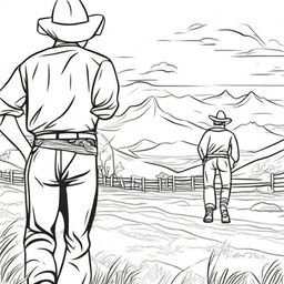 Generate a black and white line art image of a cowboy standing with open arms, waiting to catch his son who is running towards him