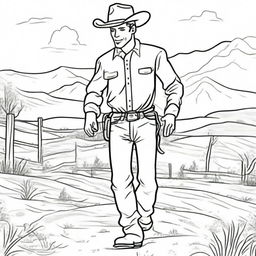 Generate a black and white line art image of a cowboy standing with open arms, waiting to catch his son who is running towards him