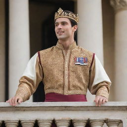 A young, handsome king with fair skin, short black hair, and brown eyes, giving an inspiring speech on the balcony of his magnificent palace to his enthusiastic and loyal subjects below, celebrating his recent crowning.