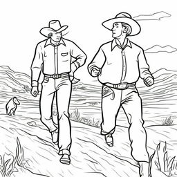 Generate a black and white line art image of a cowboy standing with open arms, waiting to catch his son who is running towards him