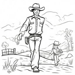 A cowboy standing with open arms, waiting to catch his toddler who is running towards him