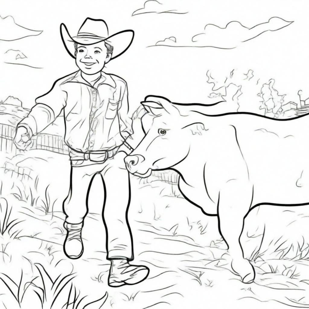 A cowboy toddler running towards his cow, which is being held by his dad. The image should be in the style of line art.