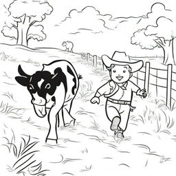 A cowboy toddler running towards his cow, which is being held by his dad. The image should be in the style of line art.