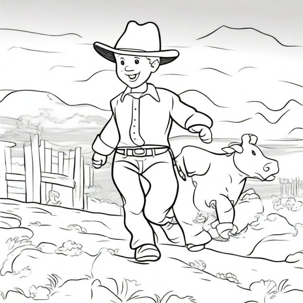 A cowboy toddler running towards his cow, which is being held by his dad. The image should be in the style of line art.