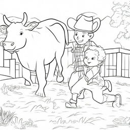 A cowboy toddler running towards his cow, which is being held by his dad. The image should be in the style of line art.