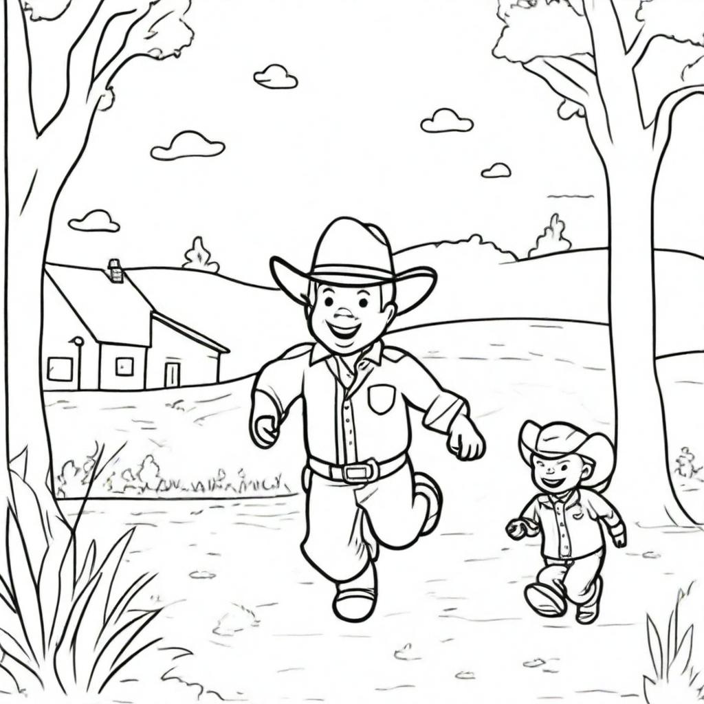 A line art image of a cowboy toddler joyfully running towards his dad.