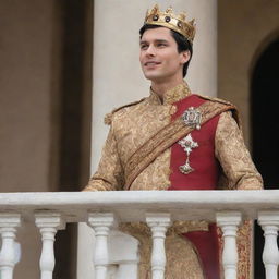 A young, handsome king with fair skin, short black hair, and brown eyes, giving an inspiring speech on the balcony of his magnificent palace to his enthusiastic and loyal subjects below, celebrating his recent crowning.