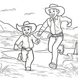 A line art image of a cowboy toddler joyfully running towards his dad.