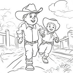 A line art image of a cowboy toddler joyfully running towards his dad.