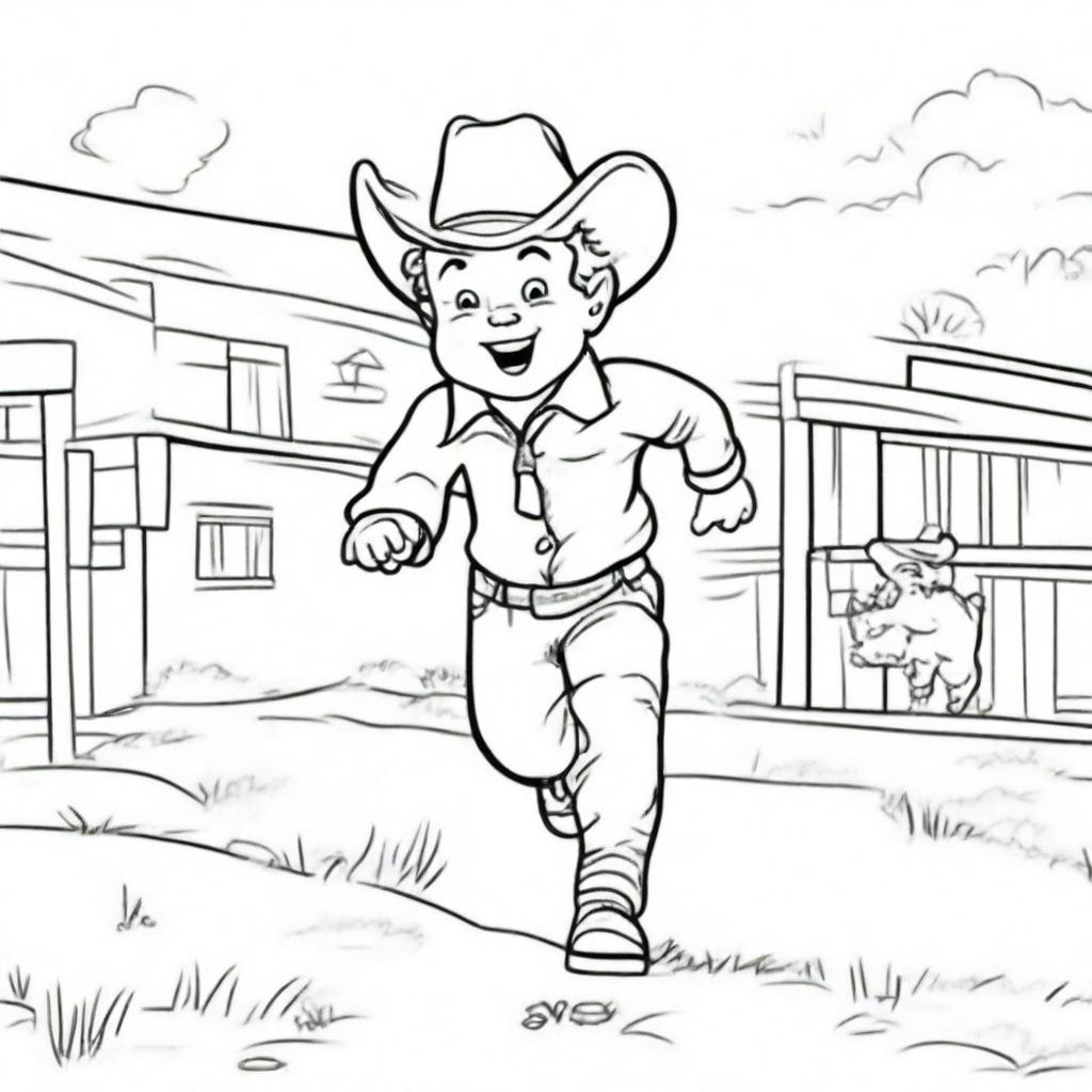 A line art image of a cowboy toddler joyfully running towards his dad.