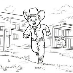 A line art image of a cowboy toddler joyfully running towards his dad.