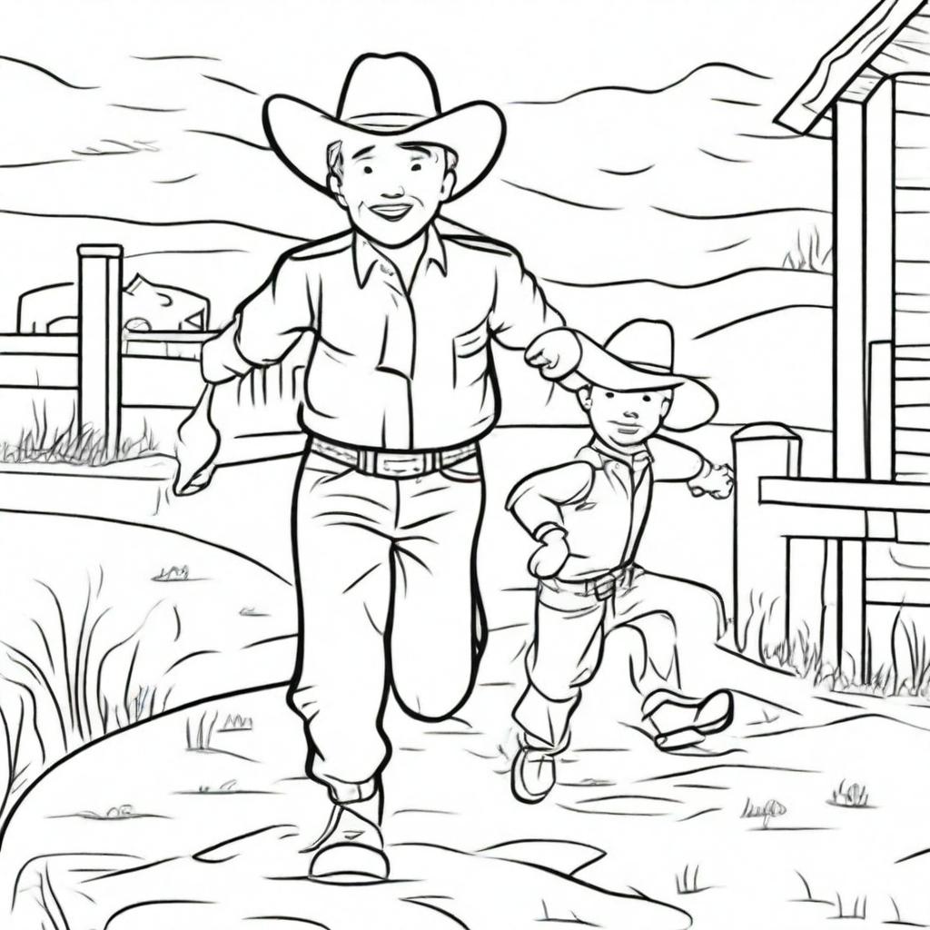 Create a line art image of a cowboy toddler running towards his dad.