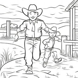 Create a line art image of a cowboy toddler running towards his dad.