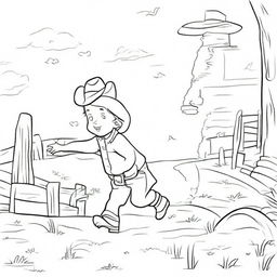 Create a line art image of a cowboy toddler running towards his dad.