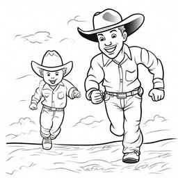 Create a line art image of a cowboy toddler running towards his dad.