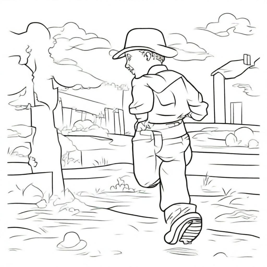 Create a line art image of a cowboy toddler running towards his dad.