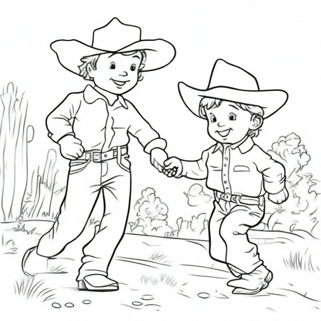 A line art image of a cowboy toddler joyfully running towards his dad to give him a hug.