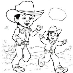 A line art image of a cowboy toddler joyfully running towards his dad to give him a hug.