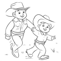 A line art image of a cowboy toddler joyfully running towards his dad to give him a hug.