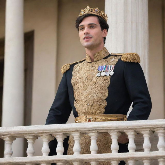 A young, handsome king with fair skin, short black hair, and brown eyes, giving an inspiring speech on the balcony of his magnificent palace to his enthusiastic and loyal subjects below, celebrating his recent crowning.