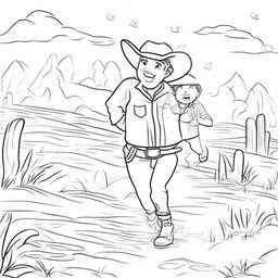 A line art image of a cowboy toddler joyfully running towards his dad to give him a hug.