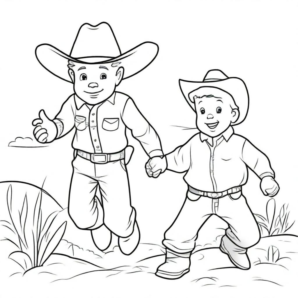 A line art image of a cowboy toddler joyfully running towards his dad to give him a hug.