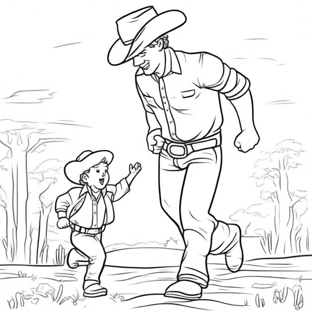 A line art image of a cowboy toddler joyfully running towards his dad to give him a hug.