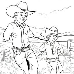 A line art image of a cowboy toddler joyfully running towards his dad to give him a hug.