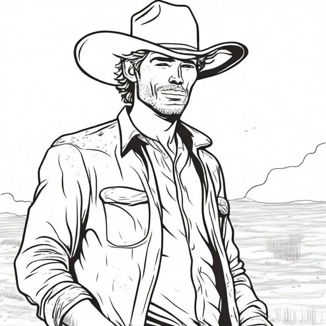 Create a line art image of a cowboy with muddy and teared clothing