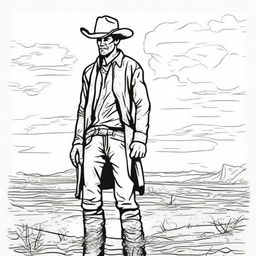 Create a line art image of a cowboy with muddy and teared clothing