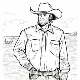 Create a line art image of a cowboy with muddy and teared clothing