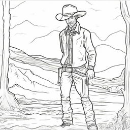 Create a line art image of a cowboy with muddy and teared clothing