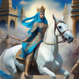 An Indonesian queen, cantik, adorned with a majestic crown, leads her troops into battle