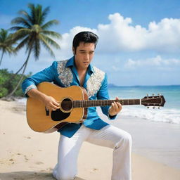 Elvis Presley playing a guitar on a beautiful Costa Rican beach, palm trees swaying and crystal clear seas in the background.