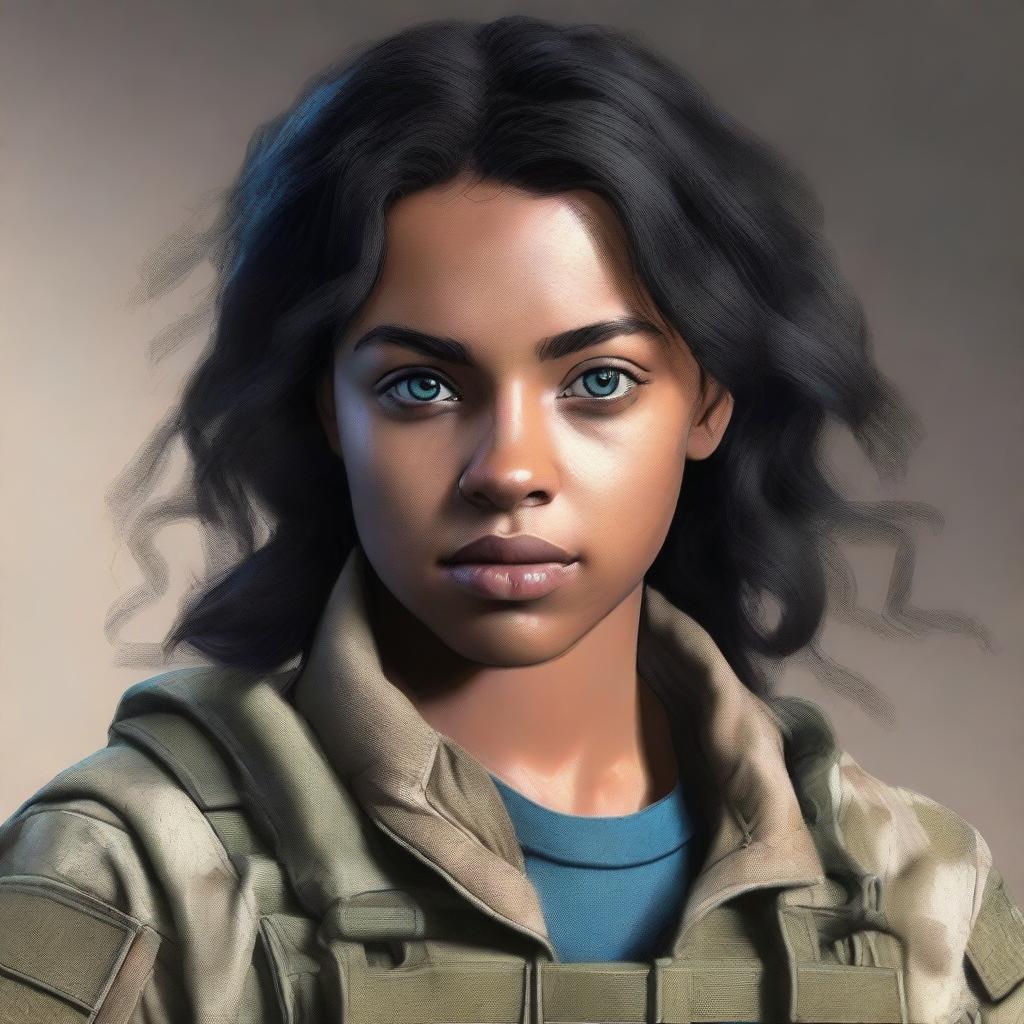 A young woman with light brown skin, wavy black hair, and clear blue eyes. She is dressed in combat clothes.