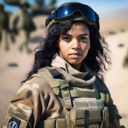 A young woman with light brown skin, wavy black hair, and clear blue eyes. She is dressed in combat clothes.