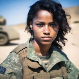 A young woman with light brown skin, wavy black hair, and clear blue eyes. She is dressed in combat clothes.