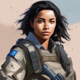 A young woman with light brown skin, wavy black hair, and clear blue eyes. She is dressed in combat clothes.