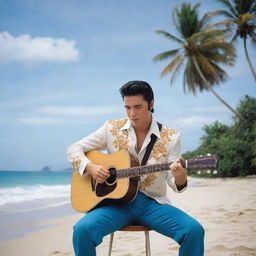 Elvis Presley playing a guitar on a beautiful Costa Rican beach, palm trees swaying and crystal clear seas in the background.