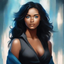 A young woman with light brown skin, wavy black hair, and clear blue eyes