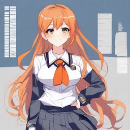 Create an image of an anime girl with medium length orange hair, wearing a school uniform. She has a voluptuous figure.