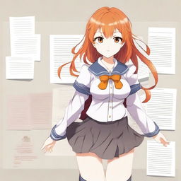 Create an image of an anime girl with medium length orange hair, wearing a school uniform. She has a voluptuous figure.